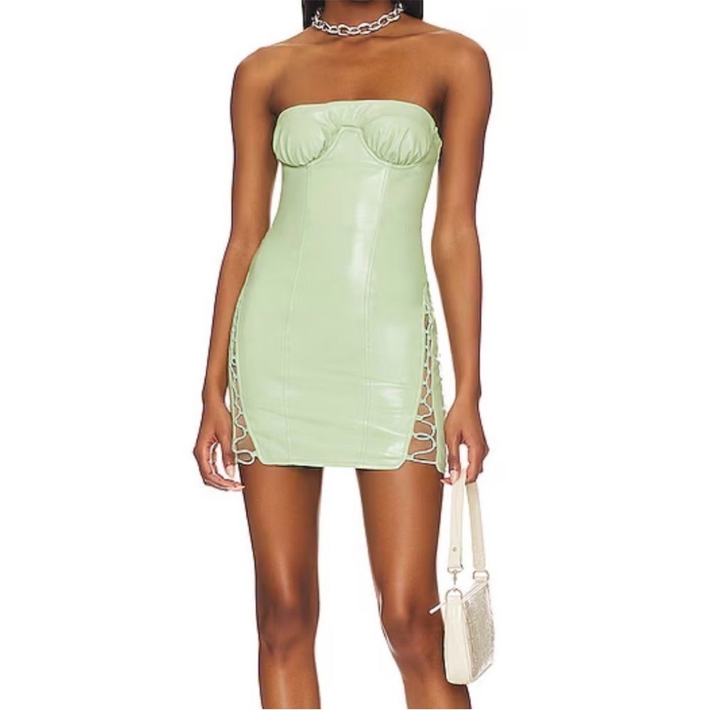 Camila Coelho Strapless Sage Green Lace-Up Faux Leather Mini Dress
